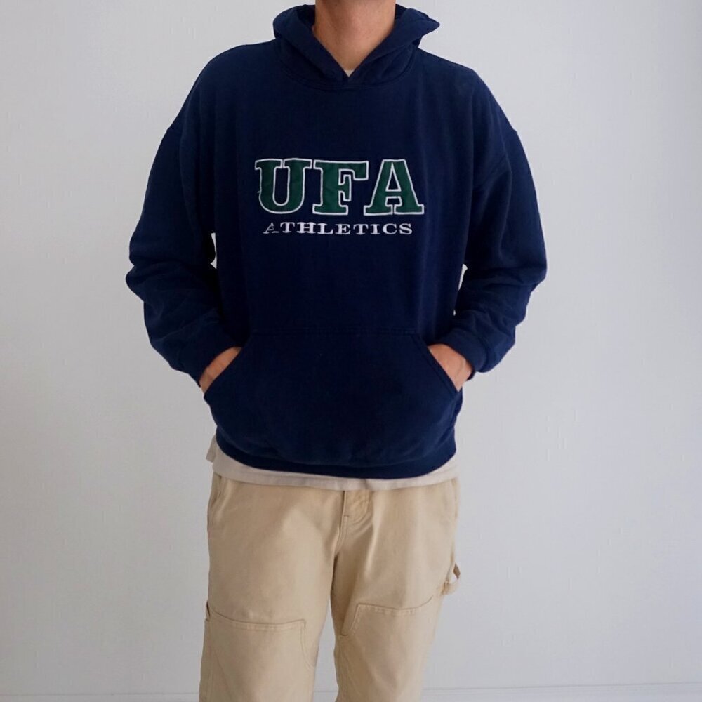 Vintage Gildan Navy Green Embroidered UFA Athletics Collegiate Hooded Sweatshirt